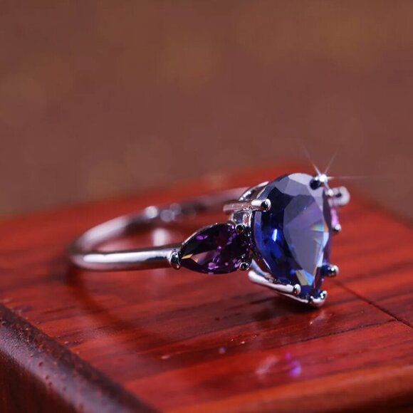 NEW 925 Sterling Silver Diamond Ring Sapphire & Amethyst Pear Cut Teardrop Ring - Picture 5 of 7